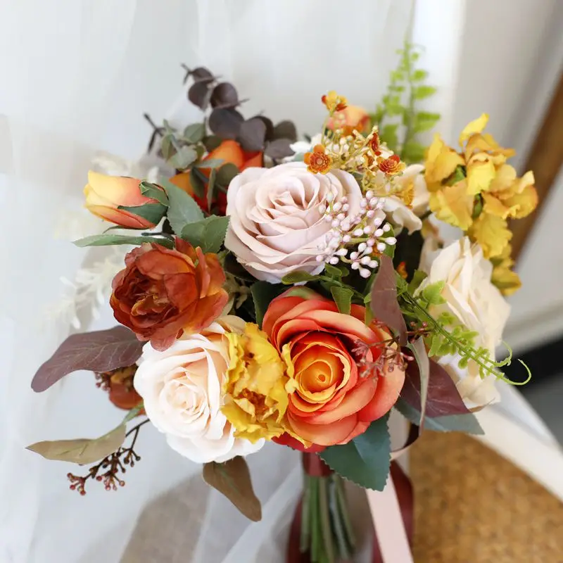 Whitney Wedding Collection 2022 Autumn Yellow Mix with Orange Roses Nature Flowers Bouquet de Mariage