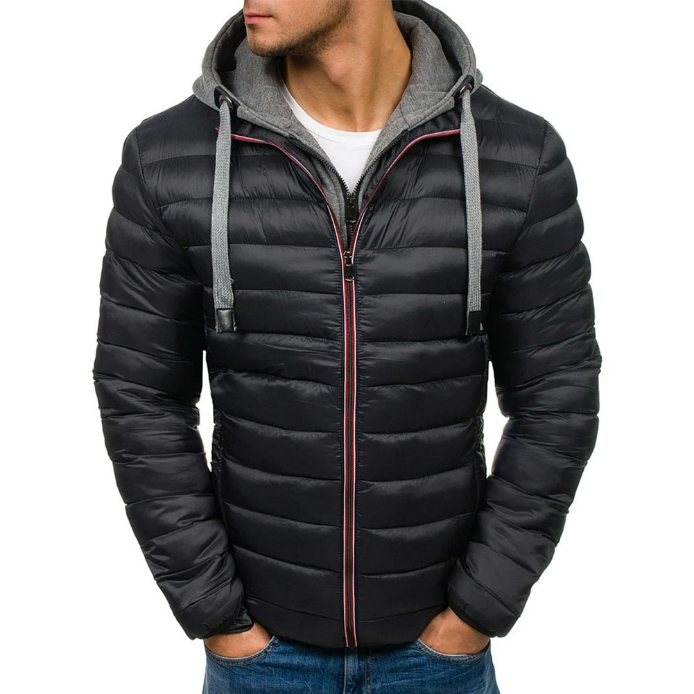 

Fashion Men's Fake Two Pieces Hooded Parkas Cotton Padded Winter Warm Solid Color Zip-Up Parkas Coats Top Man Clothing