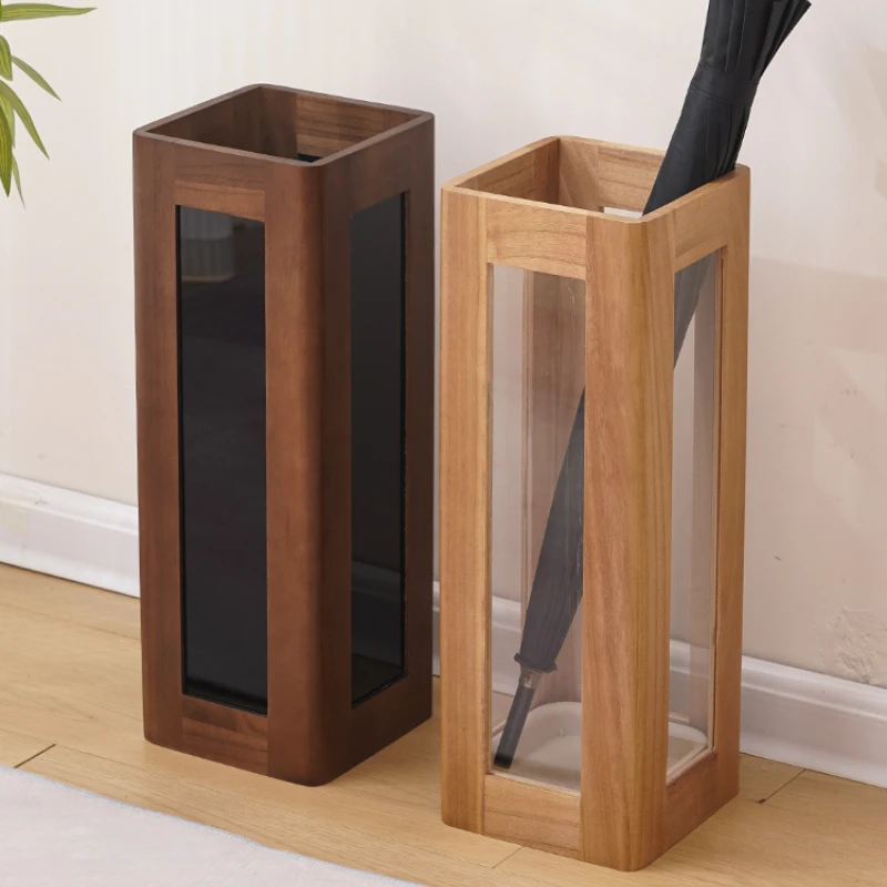Chinese Solid Wood Umbrella Storage Hotel Large Capacity Umbrella Bucket Transparent Acrylic Parasol Stand Including Water Tray