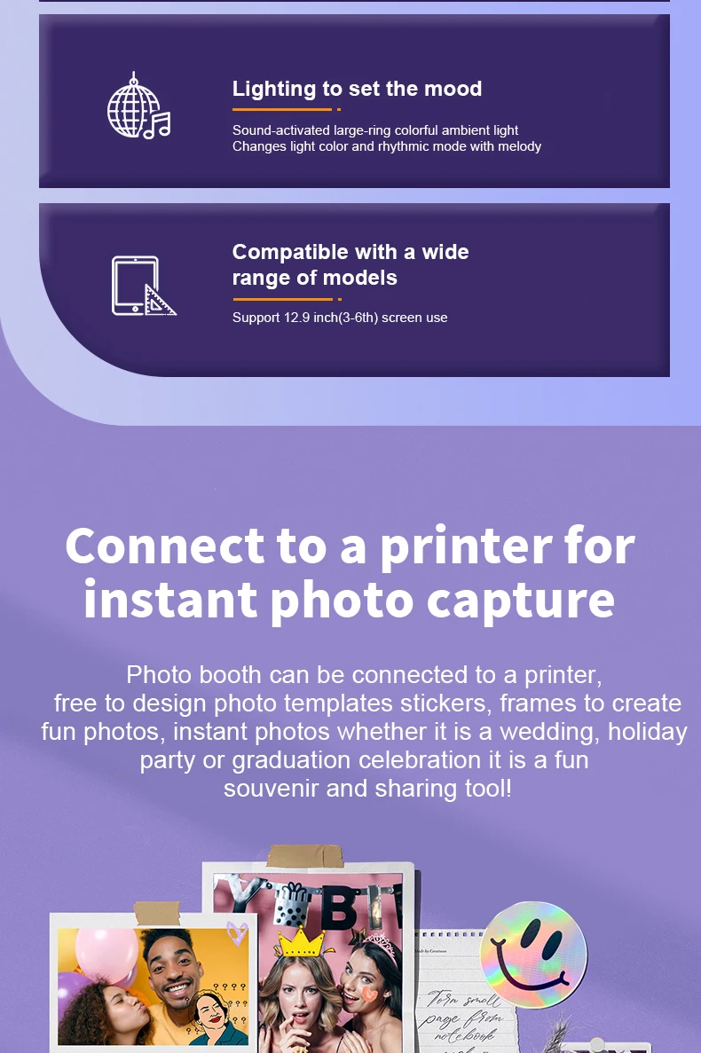 Máquina de fotomatón para iPad, para 10,2 pulgadas/10,5 pulgadas/11 pulgadas/12,9 pulgadas/13 pulgadas, bodas, fiestas, eventos, fotomatón LED portátil para Selfie