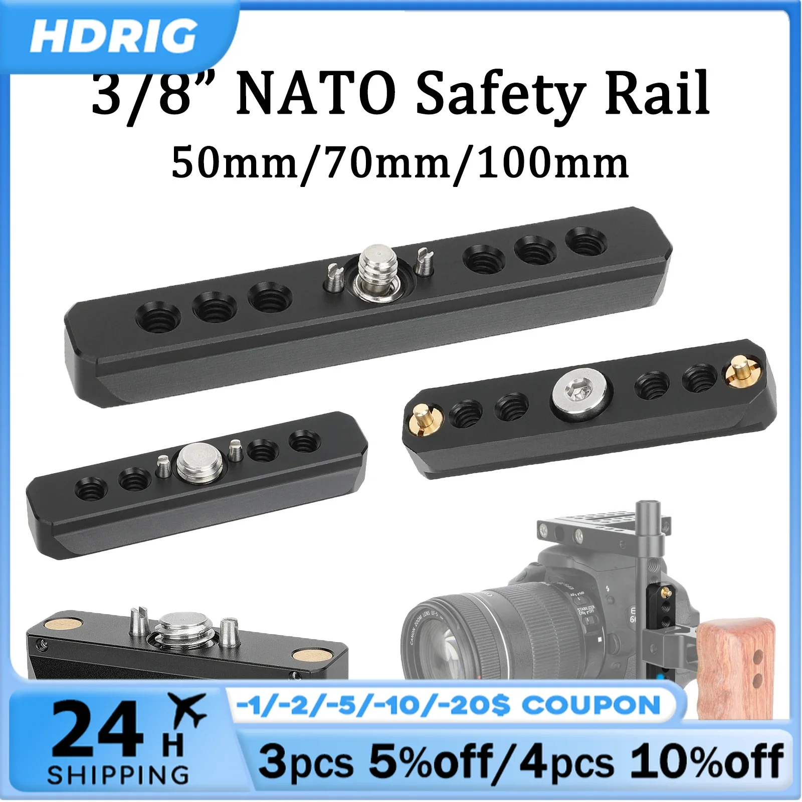 HDRIG Camera Quick Release NATO Safety Rail 50mm/70mm/100mm with 3/8"-16 ARRI Anti-Twist Screw for ARRI Holes /NATO Handle /Cage