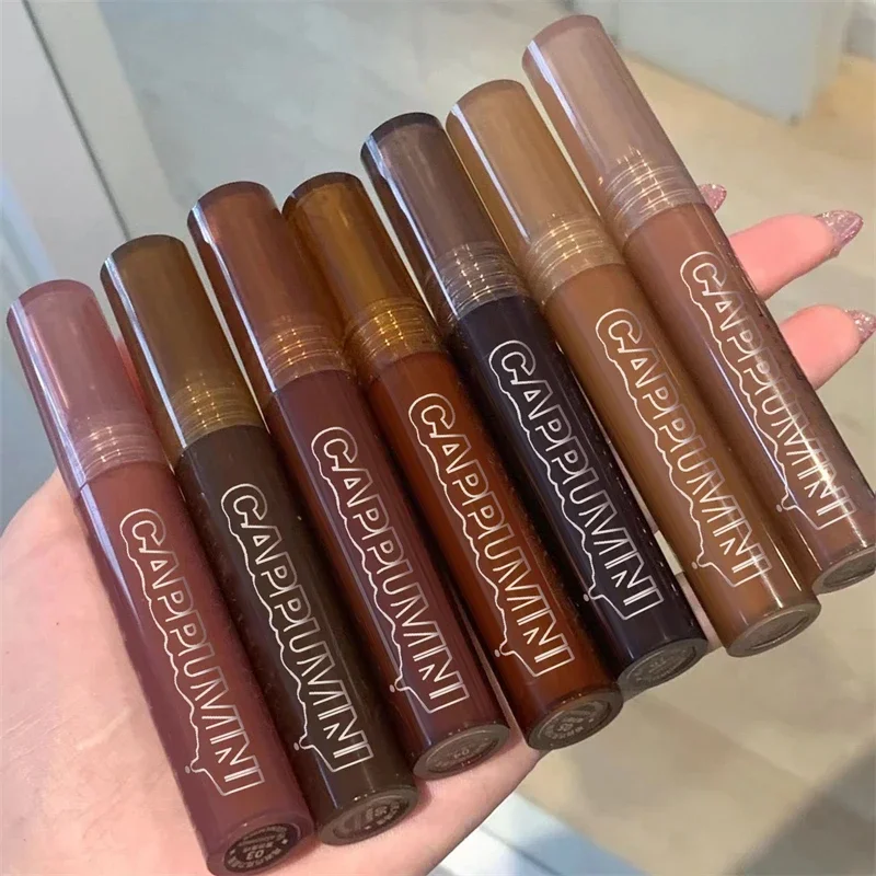 Lip Makeup Chocolate Lip Gloss Long Lasting Moisturizes Dark Brown Lip Glaze Transparent Glass Mirror Water Liquid Lipstick Clear