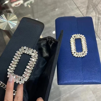 럭셔리 새틴 벨벳 스퀘어 백 크리스탈 샤이니 라인석 다이아몬드 이브닝 백, 디너 파티 블링 클러치 지갑 숄더 체인 백