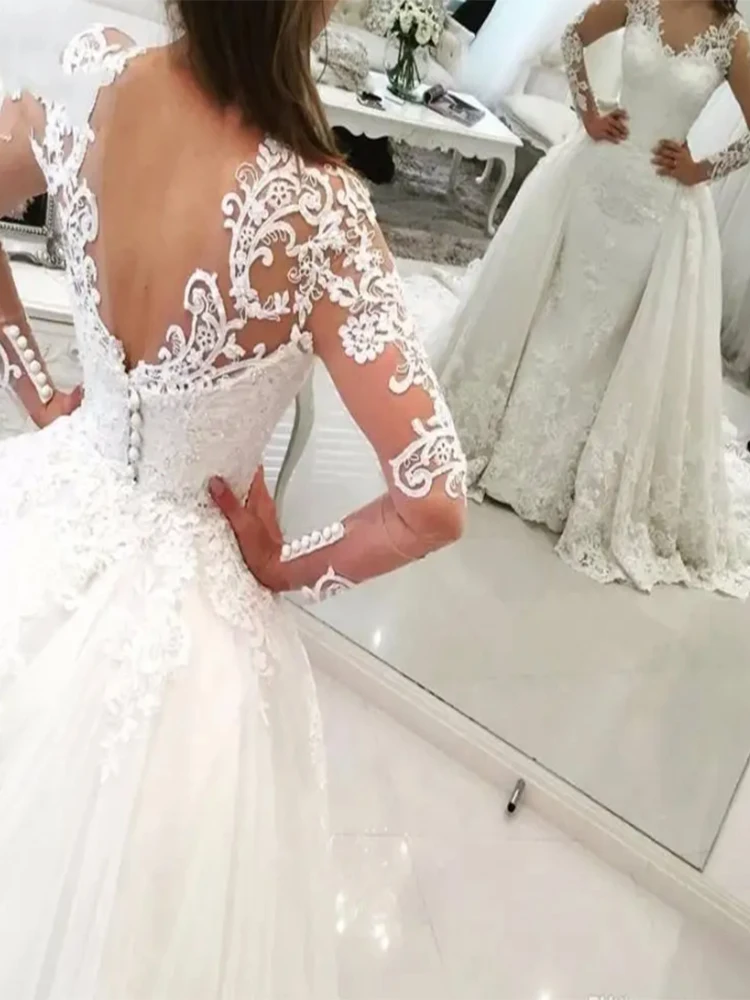 

White 2 In 1 Detachable Mermaid Wedding Dresses 2023 Lace Appliques Saudi Arabia Long Sleeves Bride Gown Vestido De Noiva