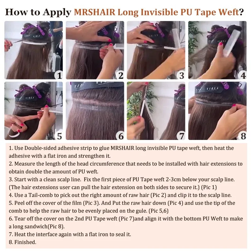 Long Tape PU Weft  Human Hair Bundles Long Tapes Injected Flat Weft  Seamless & Glueless Tape In Extensions 12-22”More Colors