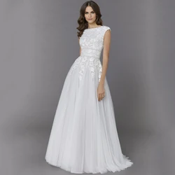 Vintage Scoop Neck Cap Sleeves Wedding Dress Classic Applique A-Line Tulle Bridal Floor Length with Sweep Train Marriage Gowns