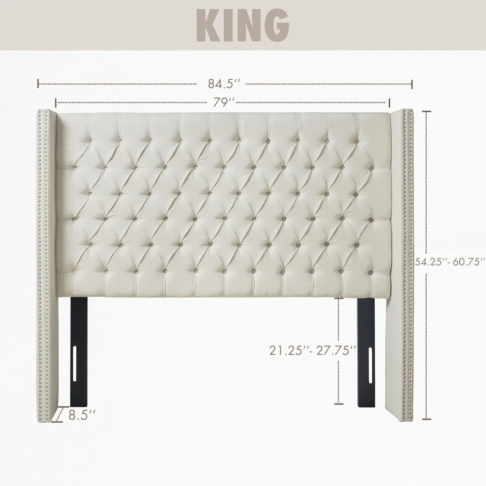 Amelia Upholstered Headboard Nail Head Trim Wingback Button Tufted King, Cream headboards cabecero cama 135 headboard
