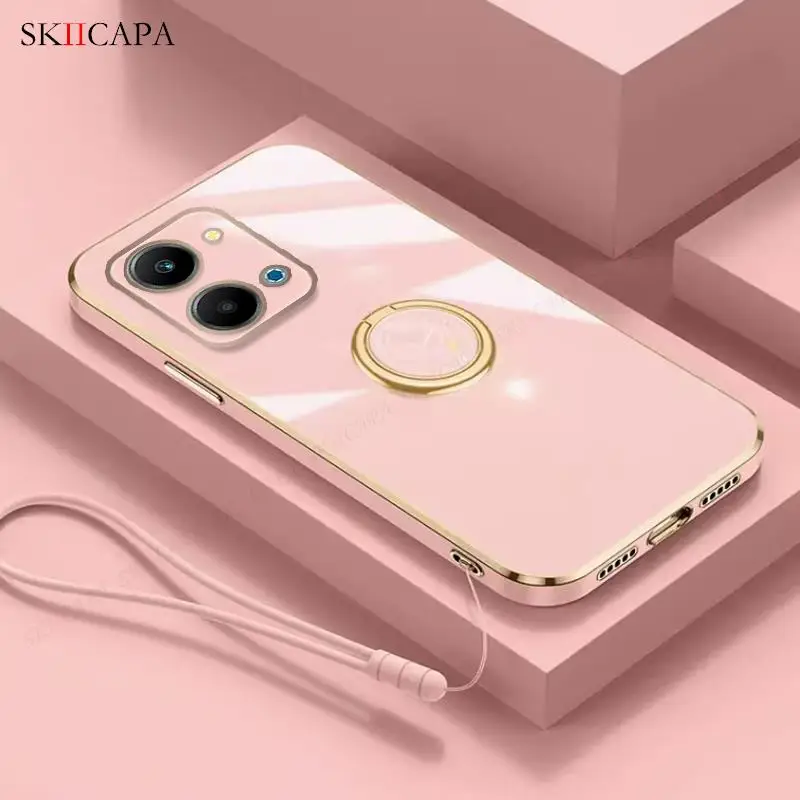 Plating Silicone Lanyard Phone Case with Ring Holder and Soft Cover