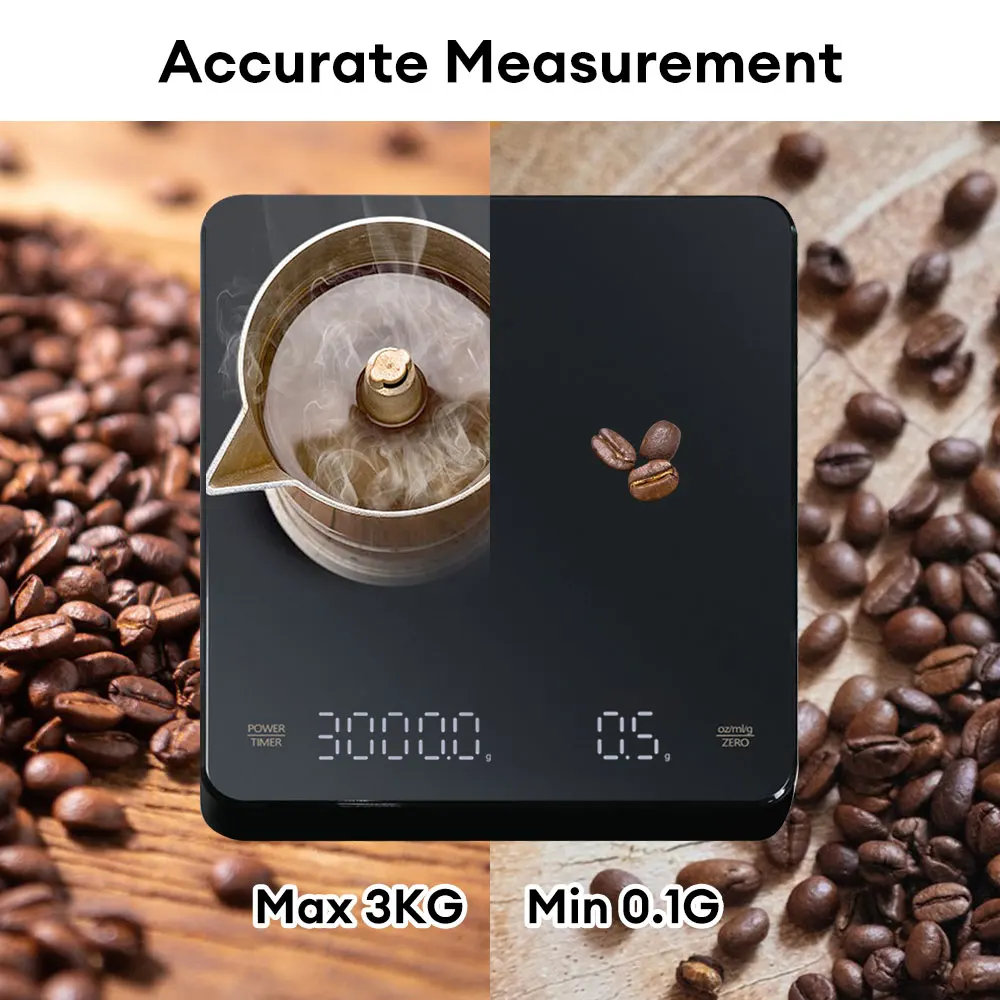 Digital Coffee Scales with Timer 3kg/0.1g High Precision, Espresso Scale  with Type-C Charging Cable, Waterproof Rechargeable Kitchen Scale LED  Screen