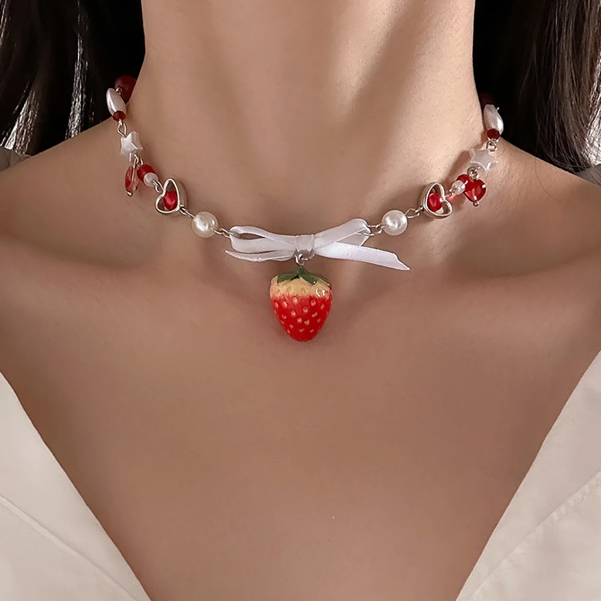 Salircon Korean Cute Red Strawberry Pendant Collar Necklace