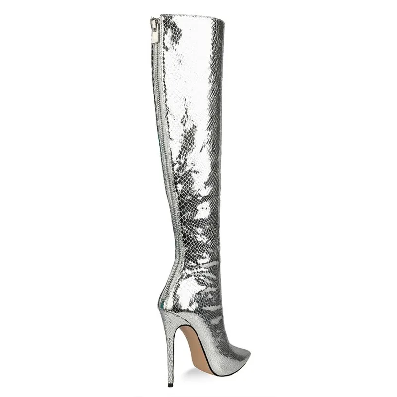 2020 Winter European and American Fashion Boots Pointed Stiletto High-heel Silver Long-tube Zipper Winter Boots Women