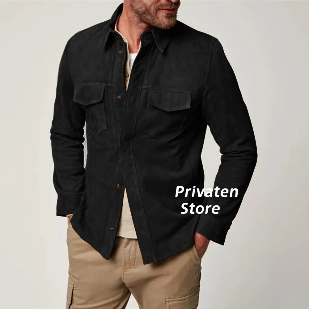 Men's Jacket Suede Slim Fit Lapel Cardigan High Quality With Pockets Business Office Suit Coat Single Breasted Clothes 2