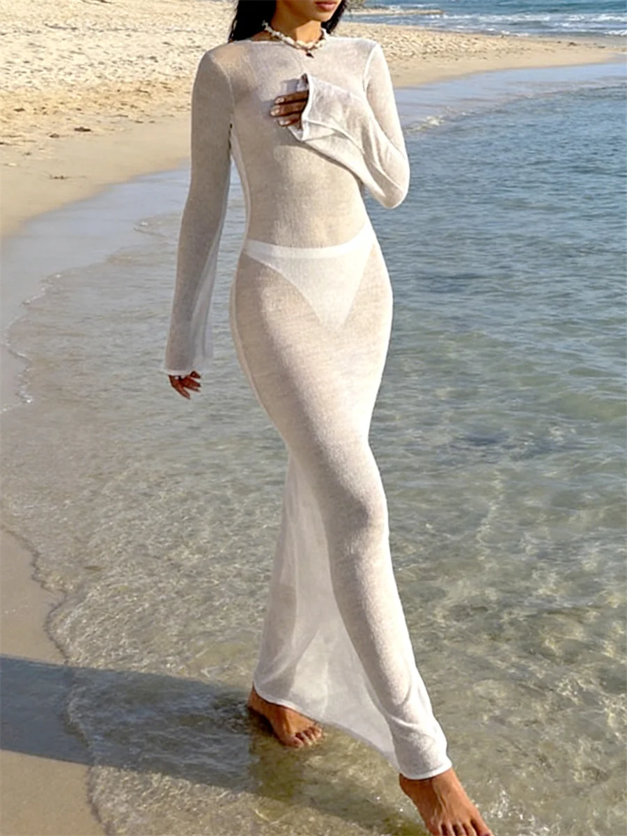 Women Knit Dress See Through Bikini Cover-ups Long Sleeve Crew Neck Backless Long Dresses Club Beach Sexy Swimwear Dresses 2
