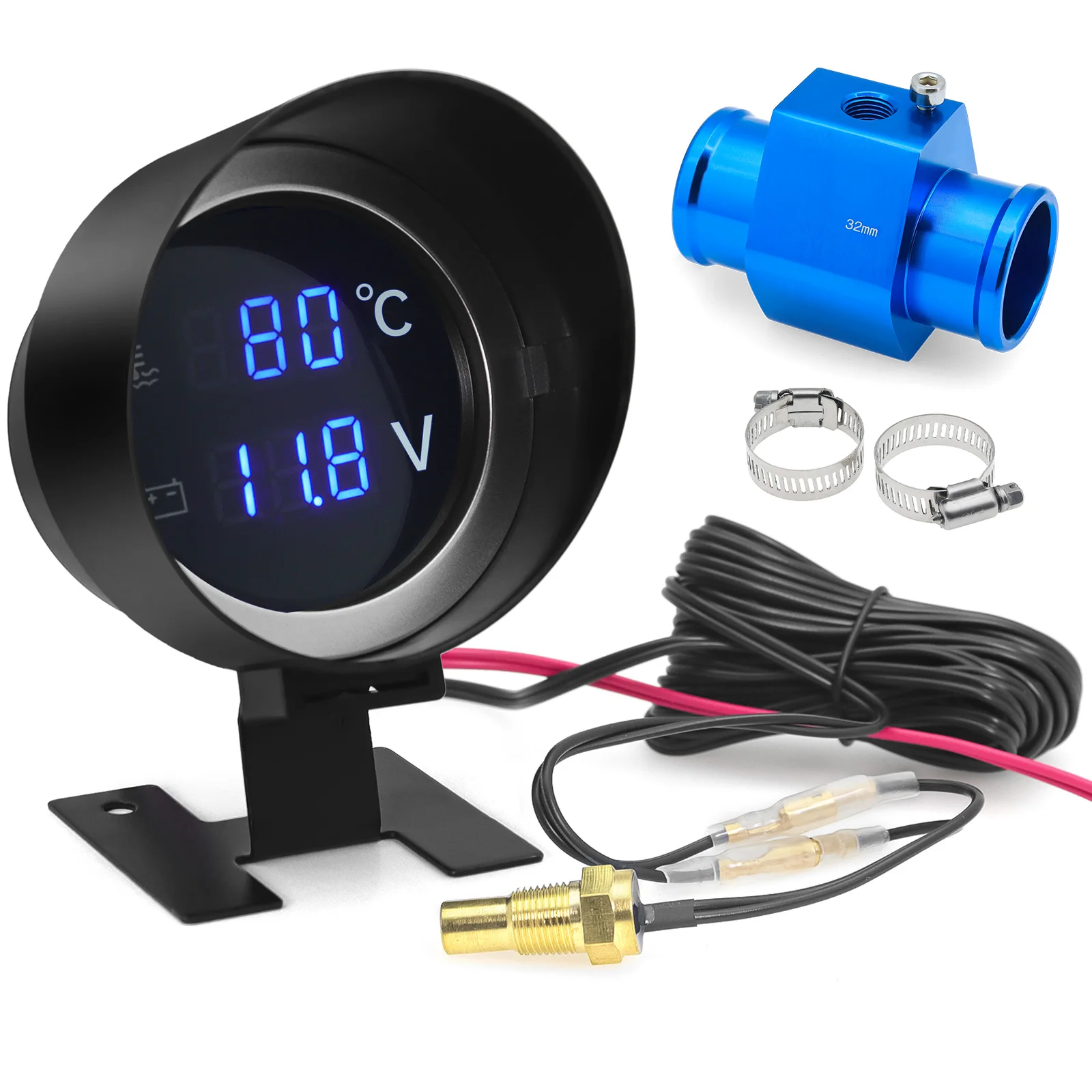 Led voltmeter automobile gauge temperature sensor digital temperature gauge water temperature gauge AD Round Led Digital Car Water Temp Gauge + Voltmeter 2in1 Water Temperature Adapter Moto Volt Meter + Temp Sensor 10mm