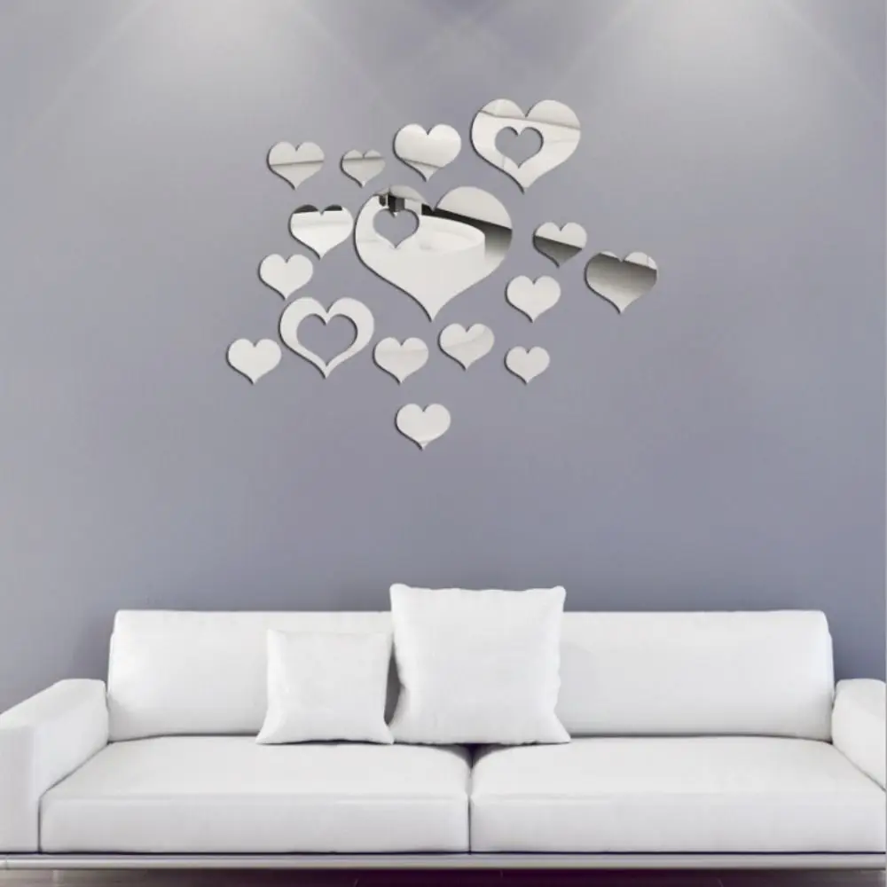 16Pcs/set Decorative Heart Shaped Mirror Stickers DIY Heart Shaped Acrylic Wall Stickers Removable Self-adhesive Love Art Mural