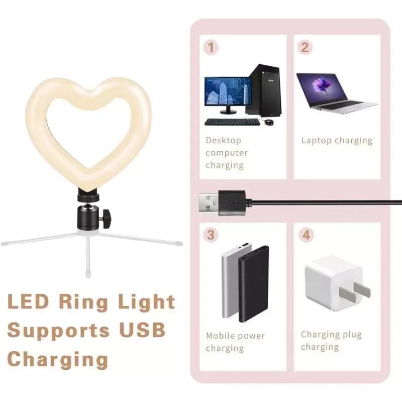 라이브 하트 모양의 원형 아크 필 라이트, 2020, 6/10 인치, USB 멀티 사양, 멀티 컬러 LED 링 라이트, 범용 삼각대