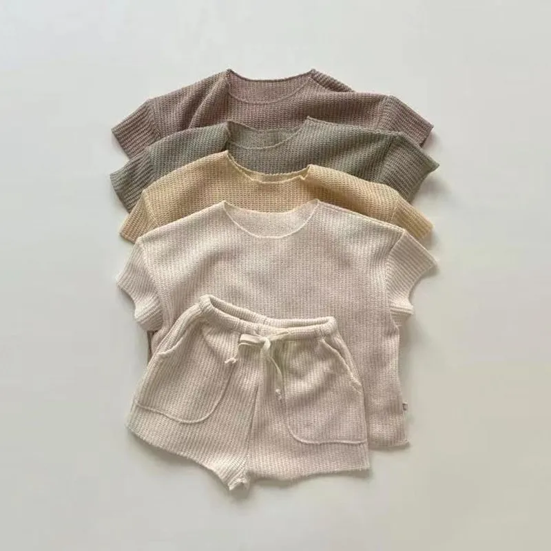

Spring & Summer Loose Simple Homewear Set Girl Casual Pullover T-shirt Boys Solid Soft Tops+ Cotton Shorts Slouchy Knitwear Suit