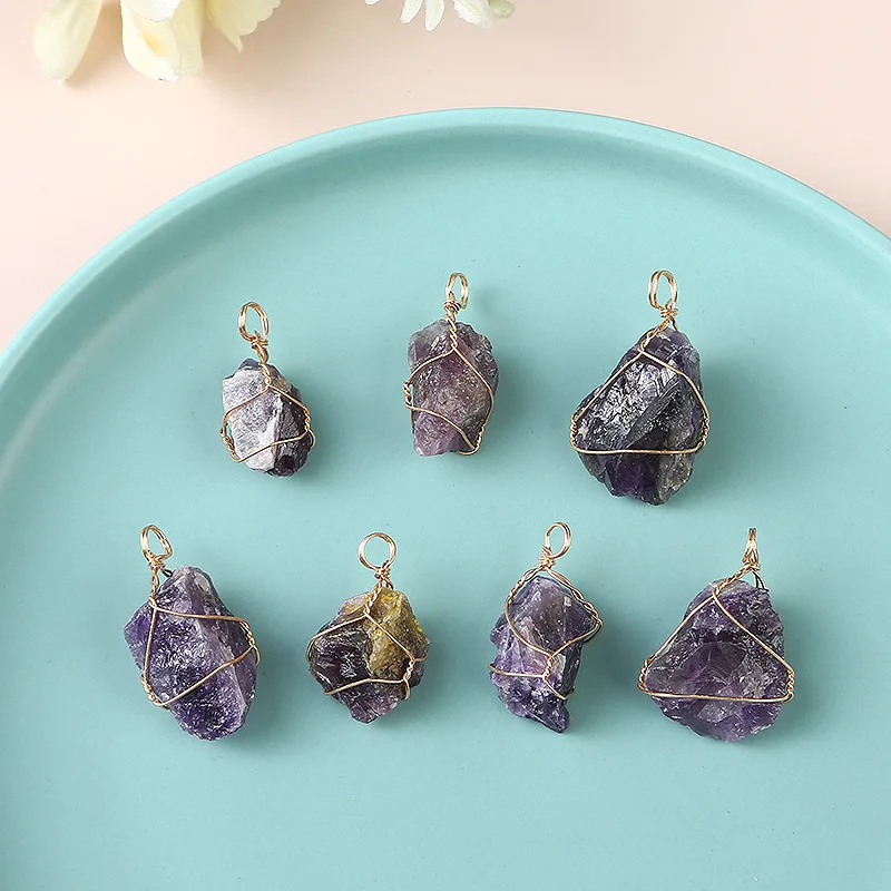 20pcs Natural Raw Stone Wire Wrap Pendants Irregular Amethyst Charms for Diy Earrings Necklace Jewelry Making