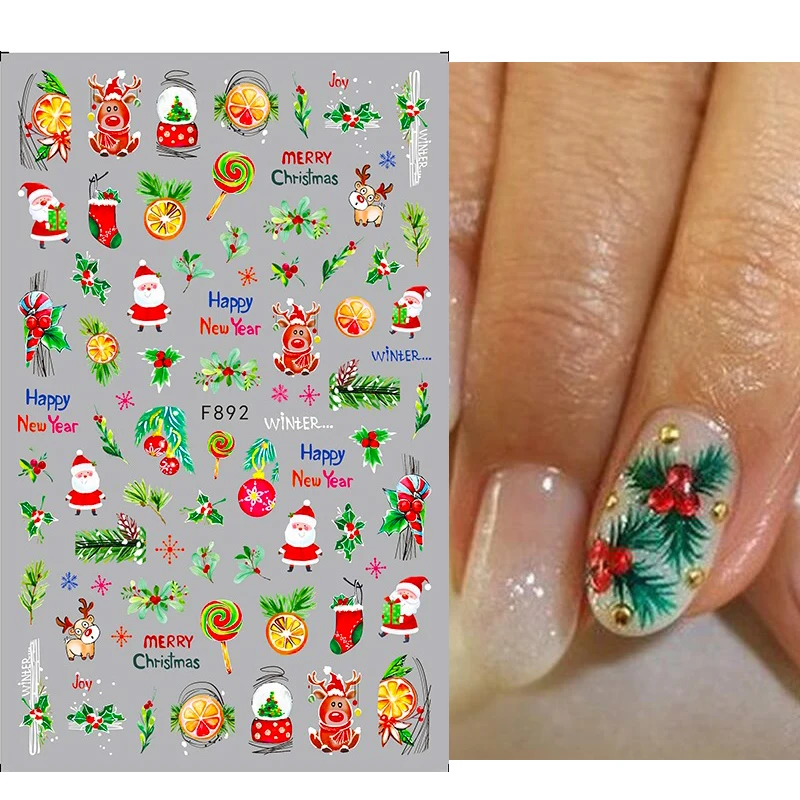 

3D Christmas Sticker Nail Decal Winter Snowflake Penguin Elk Cartoon Santa Bird New Year Nail Design Sliders Decoration F892