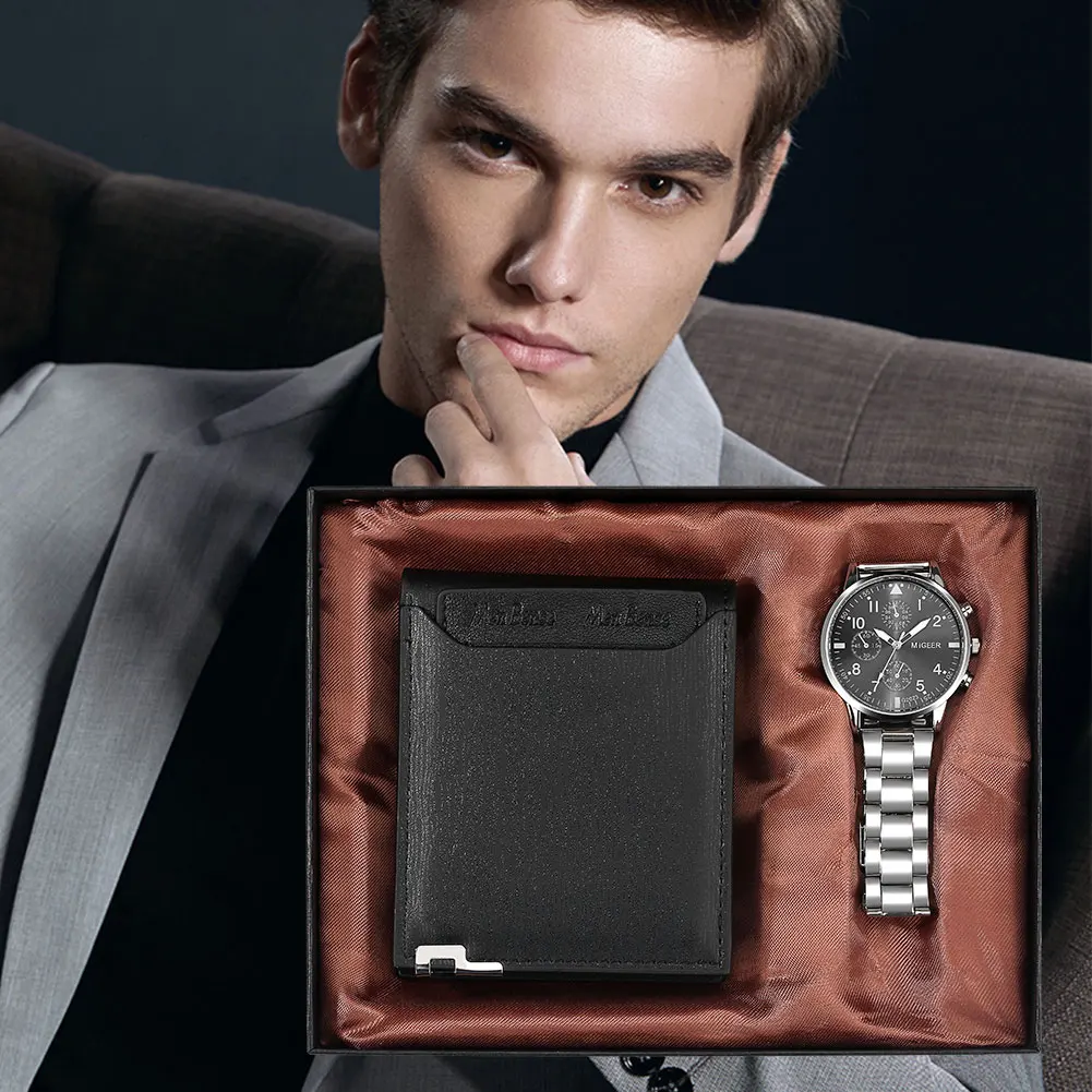 Business Man Wristwatch Cool Black Man Watch with Wallet Set Fashion Luxury Quartz Clock Birthday Present Box for Men Male Gifts