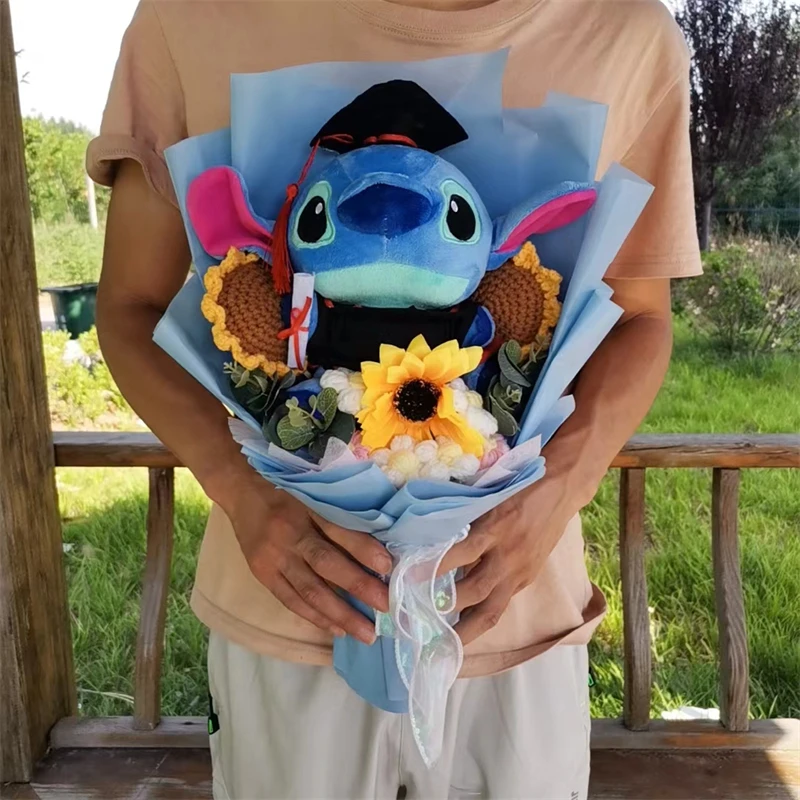 Anime Graduation Stitch Stellalou Plush Doll Toy With Sunflower Handmade Bouquet Stuffed Animals Valentine Christmas Gift 6