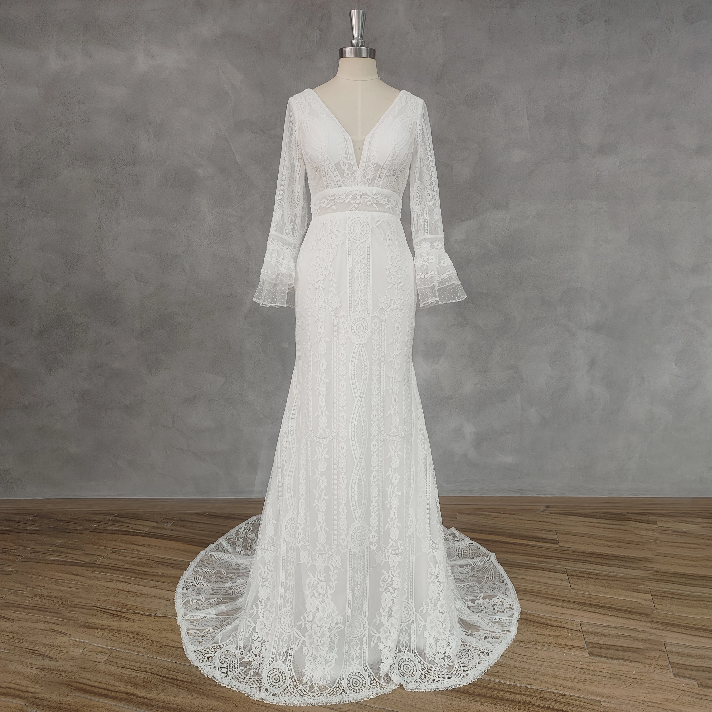 

DIDEYTTAWL Real Picture Boho V-Neck Long Flare Sleeves Mermaid Wedding Dress Illusion Back Lace Button Court Train Bridal Gown