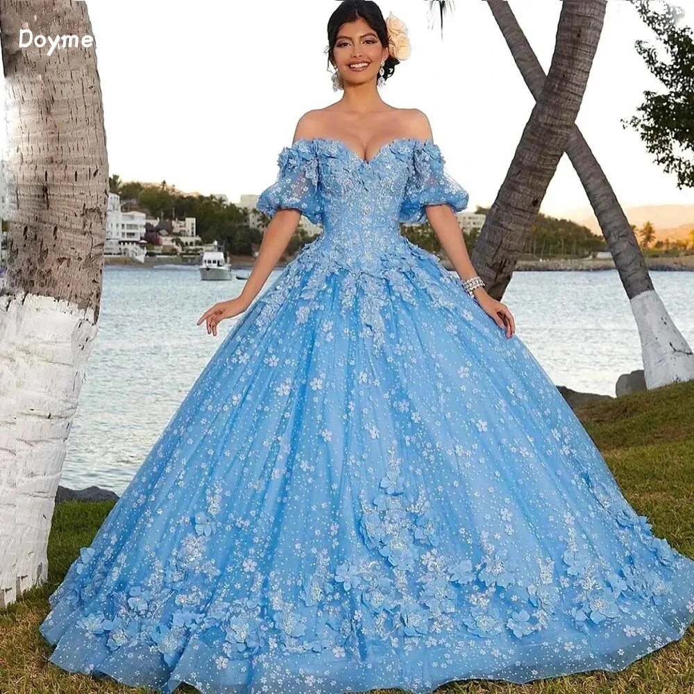 

Doymeny Пышное Платье с коротким рукавом, платье для Quinceanera, аппликации 3D, цветы, открытые плечи, тюлевые платья для выпускного вечера, для девушек 15, женское платье