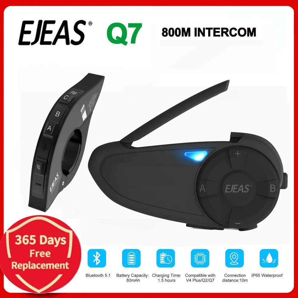 

EJEAS Q7 Bluetooth 5.1 Motorcycle Helmet Headset Intercom Up to 7 Riders Waterproof Interphone Headsets FM Quick7 Remote