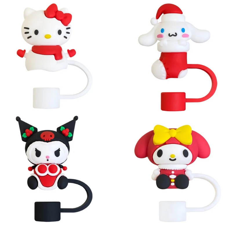 MINISO Christmas Sanrio Hello Kitty Straw Cover 0mm Large Diameter Soft Rubber Straw Stopper Xmas Party Decoration