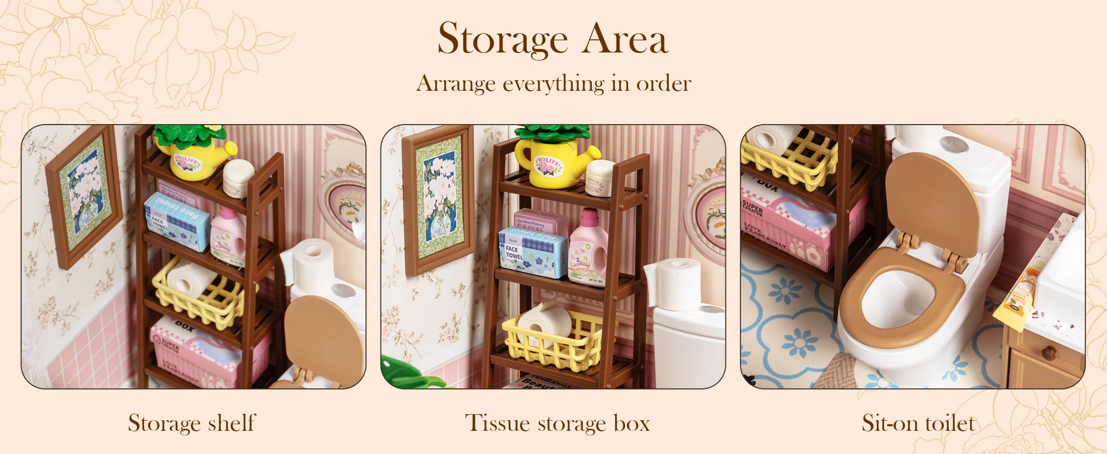 Close-up of miniature bathroom details in the kit