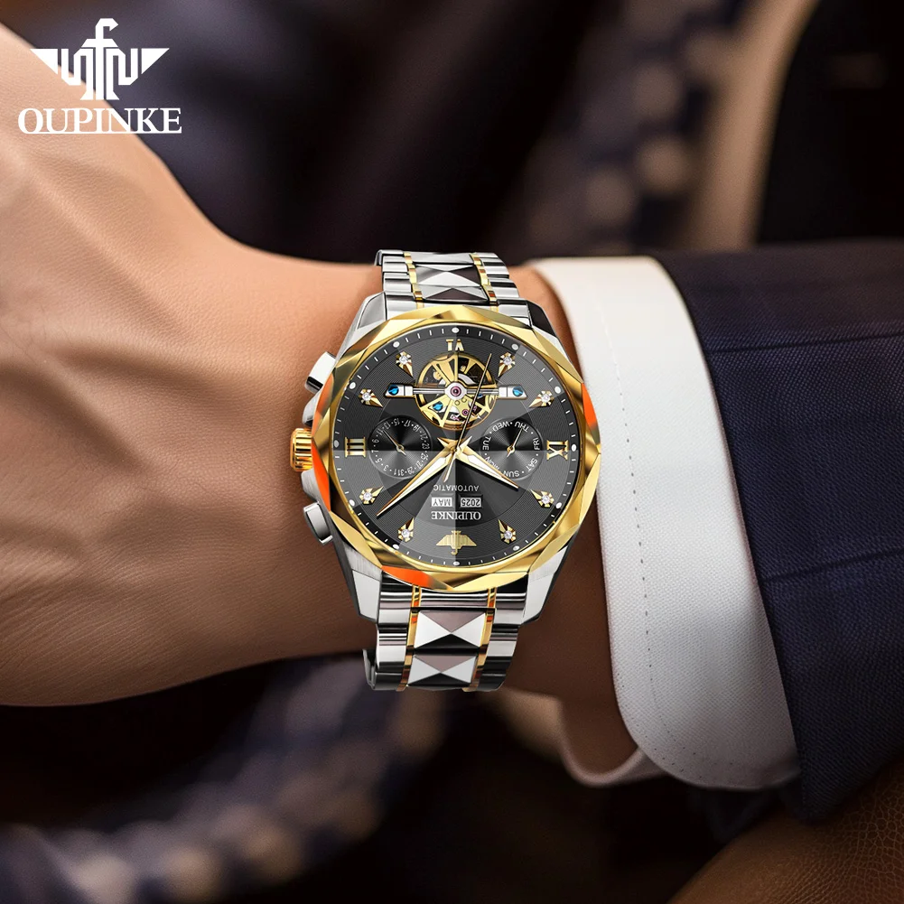 OUPINKE 3316 Men's Watch Original Classic Waterproof Rhombus Mirror Mechanical Watch For Men Hollow Auto Date Luxury Wristwatch