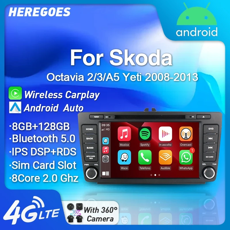Carplay 8" Ips Car Radio 2 Din Android 12 For Skoda Octavia 2009 2015