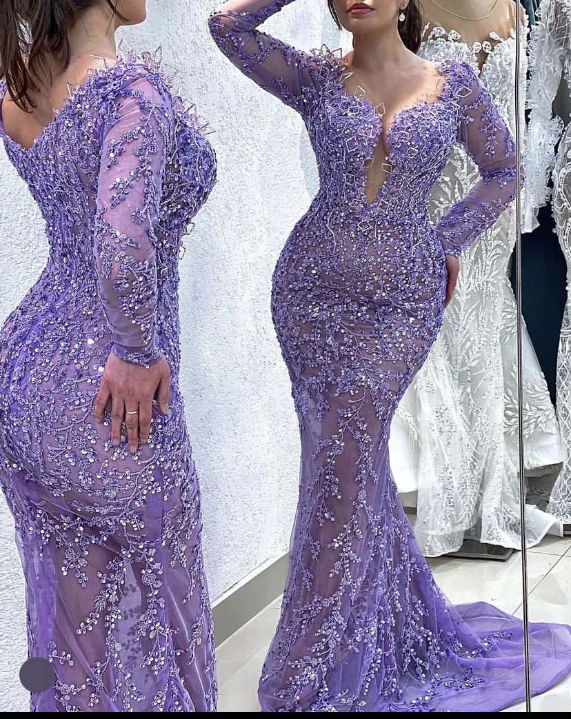 

Сиреневое вечернее платье с овальным вырезом, кружевное блестящее платье с длинным рукавом и юбкой-годе