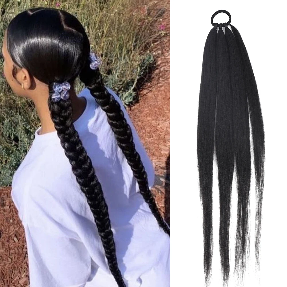 Synthetic Long Ponytail Extensions With Elastic Band 26inch Versatile DIY Box Braided Ponytail For Women Girls Black Brown