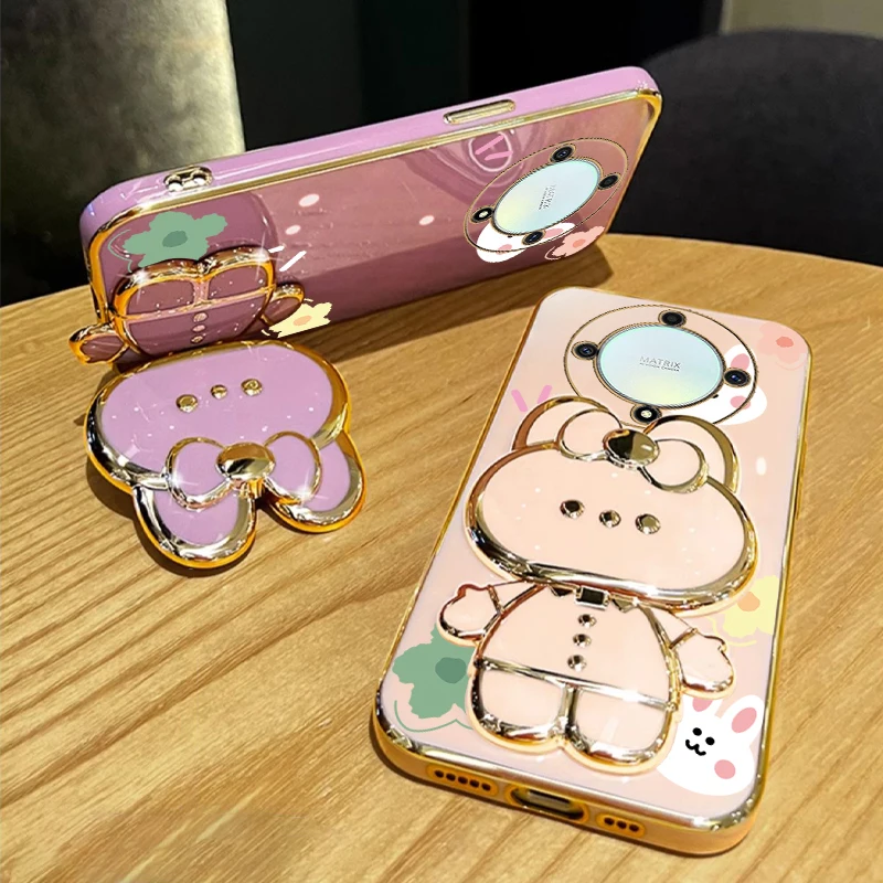 Elegant Floral Rabbit Mirror Phone Holder Case