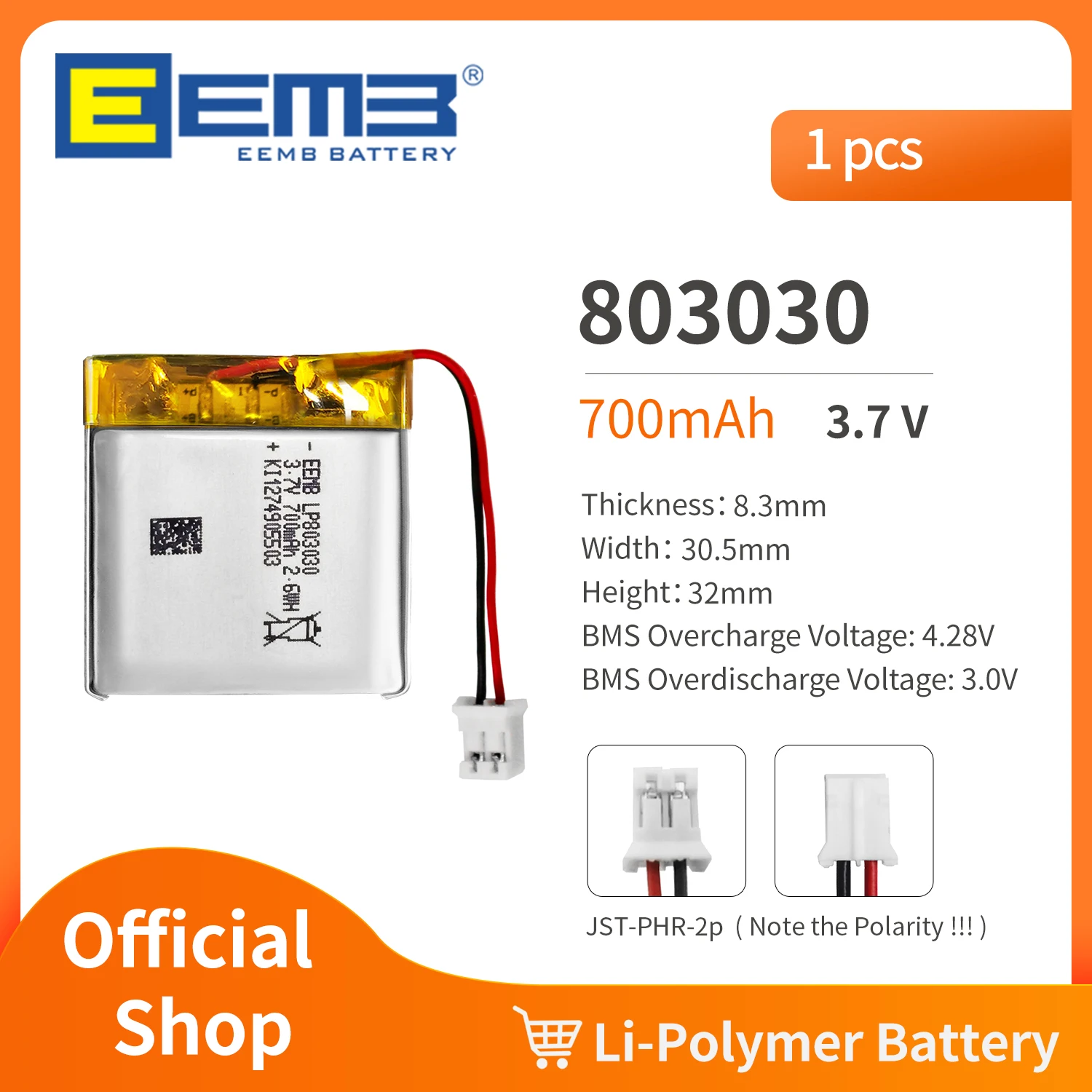 

Аккумулятор EEMB 803030, 3,7 в, 700 мАч, литий-полимерный аккумулятор для видеорегистратора, фонарика, Bluetooth-динамика, GPS-навигатора, камеры
