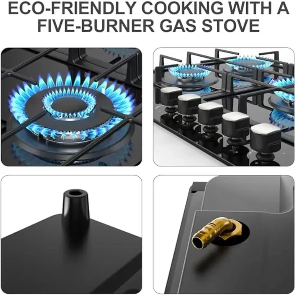 36" 5 Burner Gas Cooktop Built-in Stove Top Tempered Glass Panel NG/LPG Auto Ignition Hob Universal Nozzle Stainless Steel 6