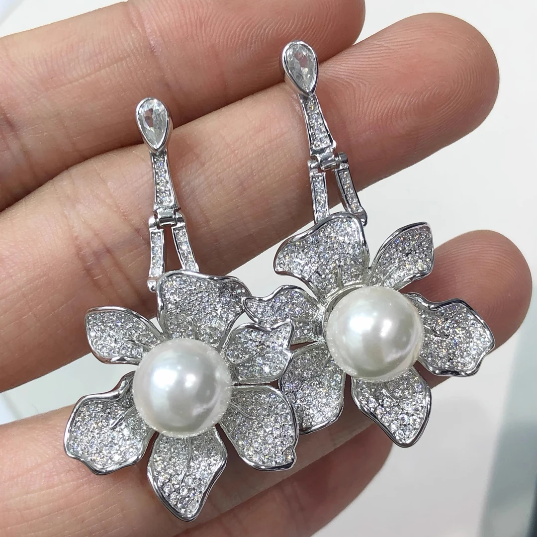 

MeiBaPJ 10mm Natural White Round Pearls Luxurous Flower Drop Earrings DIY Real 925 Sterling Silver Fine Jewelry for Women