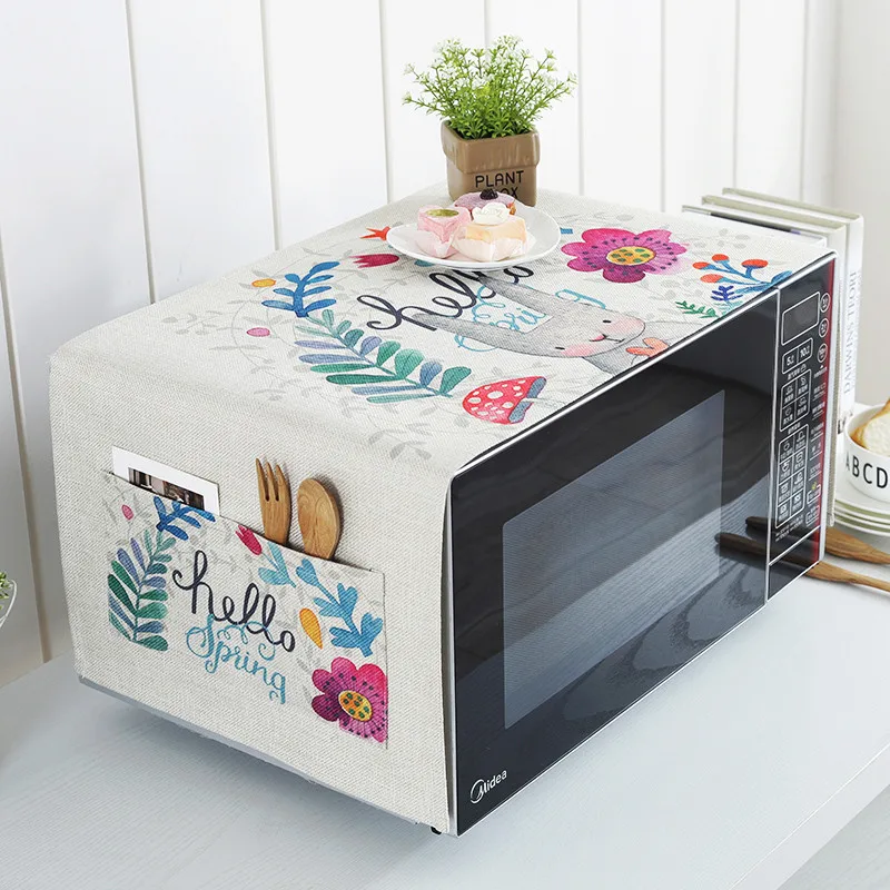 Magazine Microwave Oven Cover With Storage Pockets,Linen Printing Fabric  Anti-oil Dustproof Cloth