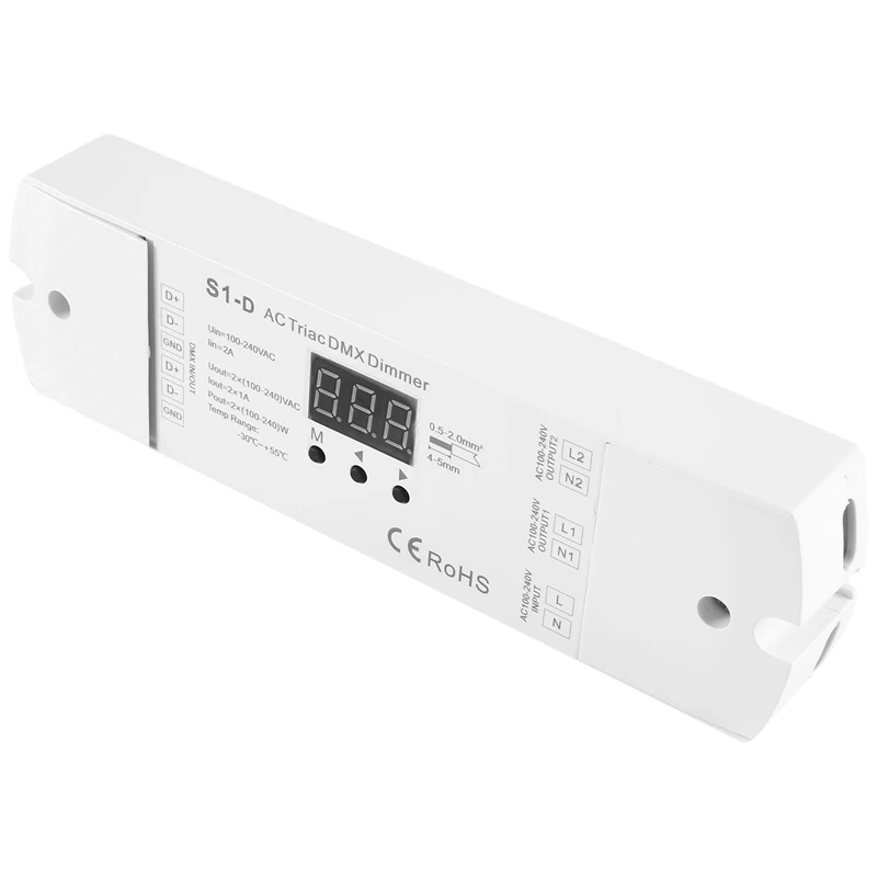 AC100V-240V 288W 2CH Triac DMX LED Dimmer Dual Channel Output Silicon DMX512 Led Controller Digital Display S1-D White