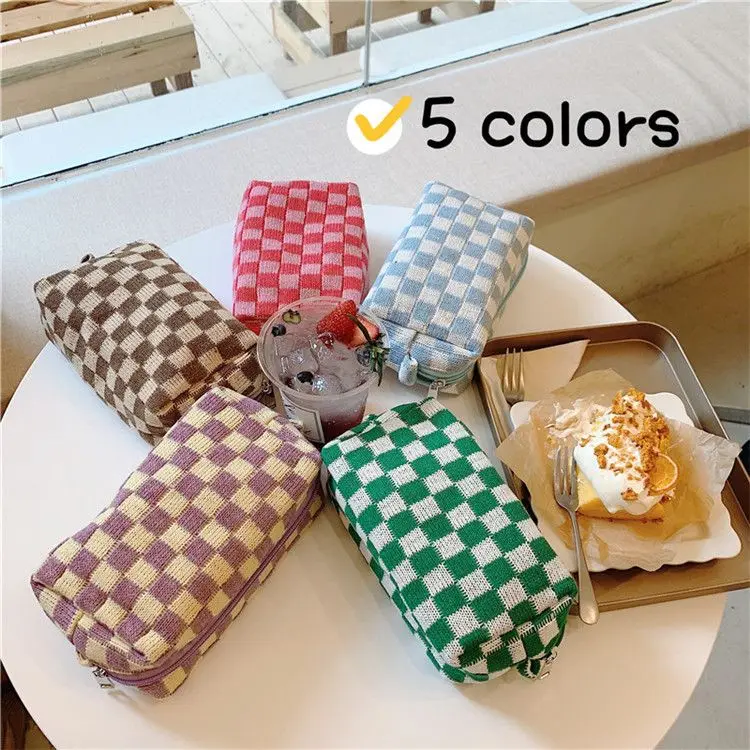 

Ins Checkerboard Knitted Pencil Case Korean Checkerboard Knitted Cosmetic Cases Ladies Large Capacity Lattice Makeup Bags Plaid