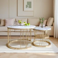 Table basse (lot de 2) ronde en marbre, ensemble de tables de salon avec structure en métal, table d'appoint pour salon, balcon ou bureau 3