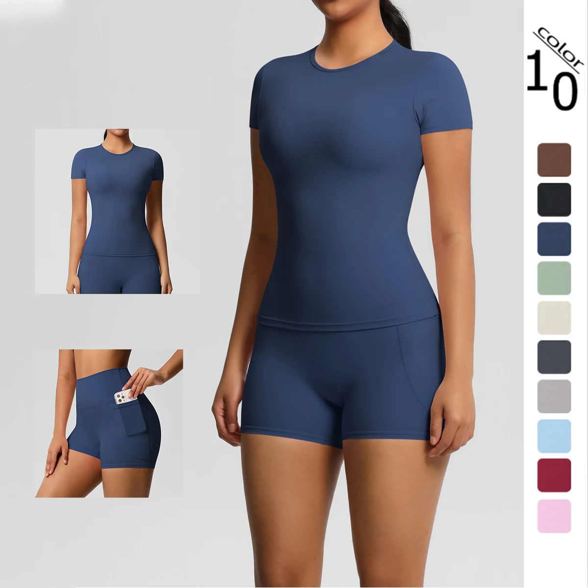 792305-310ad8.jpg 2PCS Yoga Set Gym Clothes Sportswear With Pocketed Yoga Suits For Women Fitness Short Sleeve Crop Top Tracksuits Sports Bra Gym - Image 1