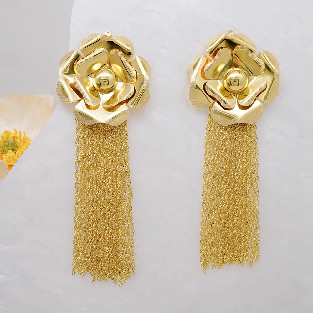 Fashion Gold Color Flower Hoop Earrings Statement Long Hanging Earrings Drop Tassel Earrings For Female Daily Pendant Jewelry