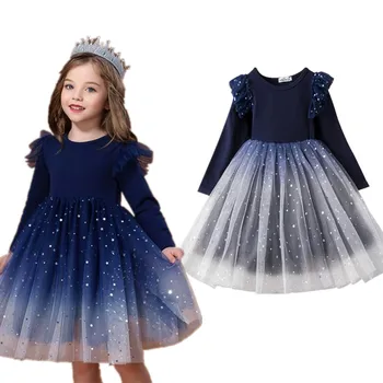 Fall Smocked Dress For Girls 3-8 Years Sequin Ruffle Long Sleeve Xmas Clothes Children New Fashion Flower Party Princess Costume