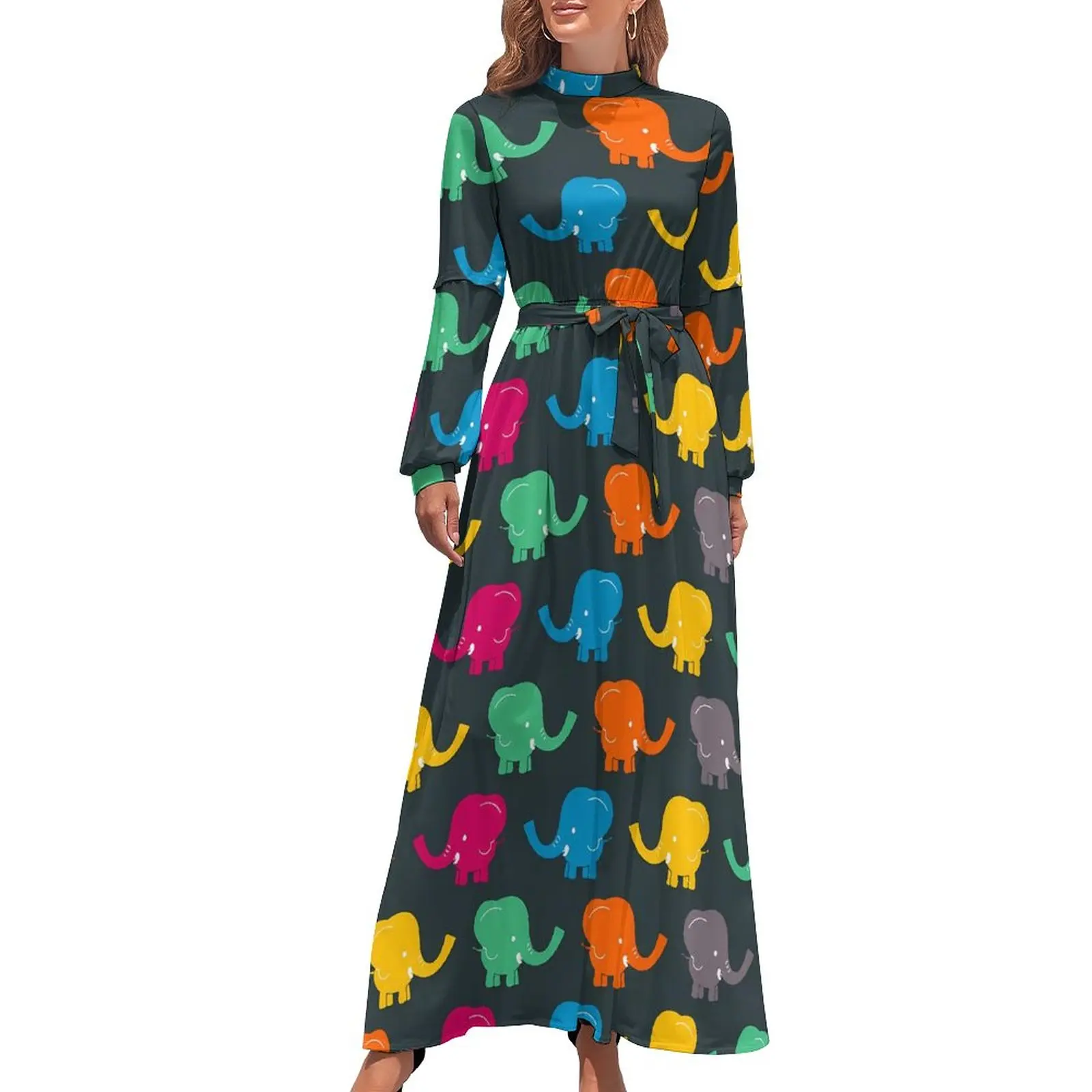 

Baby Elephant Dress Colorful Animal Street Style Beach Dresses Woman Long-Sleeve High Waist Vintage Long Maxi Dress
