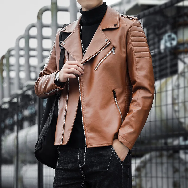 Fashion Leather Jacket Men's Autumn New Version Motorcycle Suit Male Zippers Rivet Decoration Leather Jacket Outerwear Trend