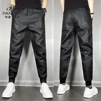 Casual Autumn and Winter Elastic Waist Leather Pants for Men Korean Fleece Heat Motorcycle Windproof Solid Color Black Trousers 6