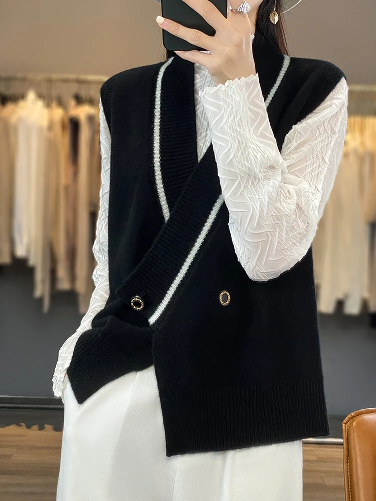 Women's Loose Knitted Vest Top Color Blo Design Spring Autumn Casual Sle Svel Outerwear V-Ne Button Detail