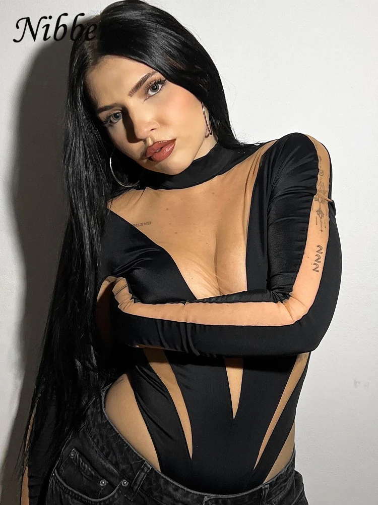 Nibber Sexy Mesh Patchwork Bodysuit Women See Through Long Sleeve Black Elastic Slim Female One Piece Midnight Outfits Clothing